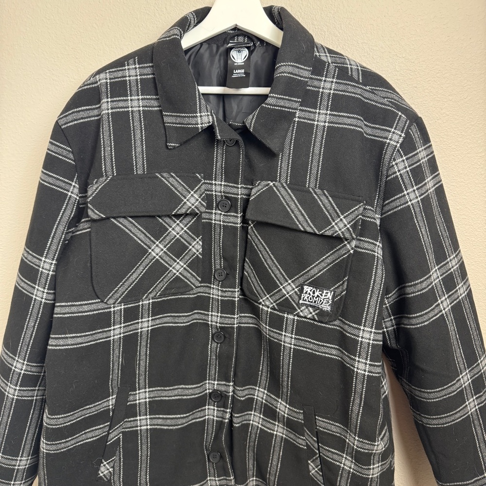 Broken Promises Warrior Black & Grey Plaid Flannel Jacket Size XL Unisex - Picture 9 of 14